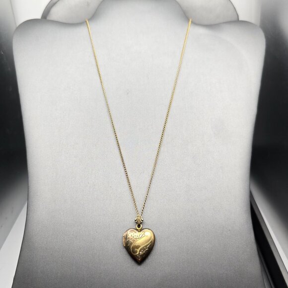 VTG 1/20 10K GF Heart Locket Necklace 18" Floral Etching Rolo Chain Hair Keepsak - Picture 2 of 10
